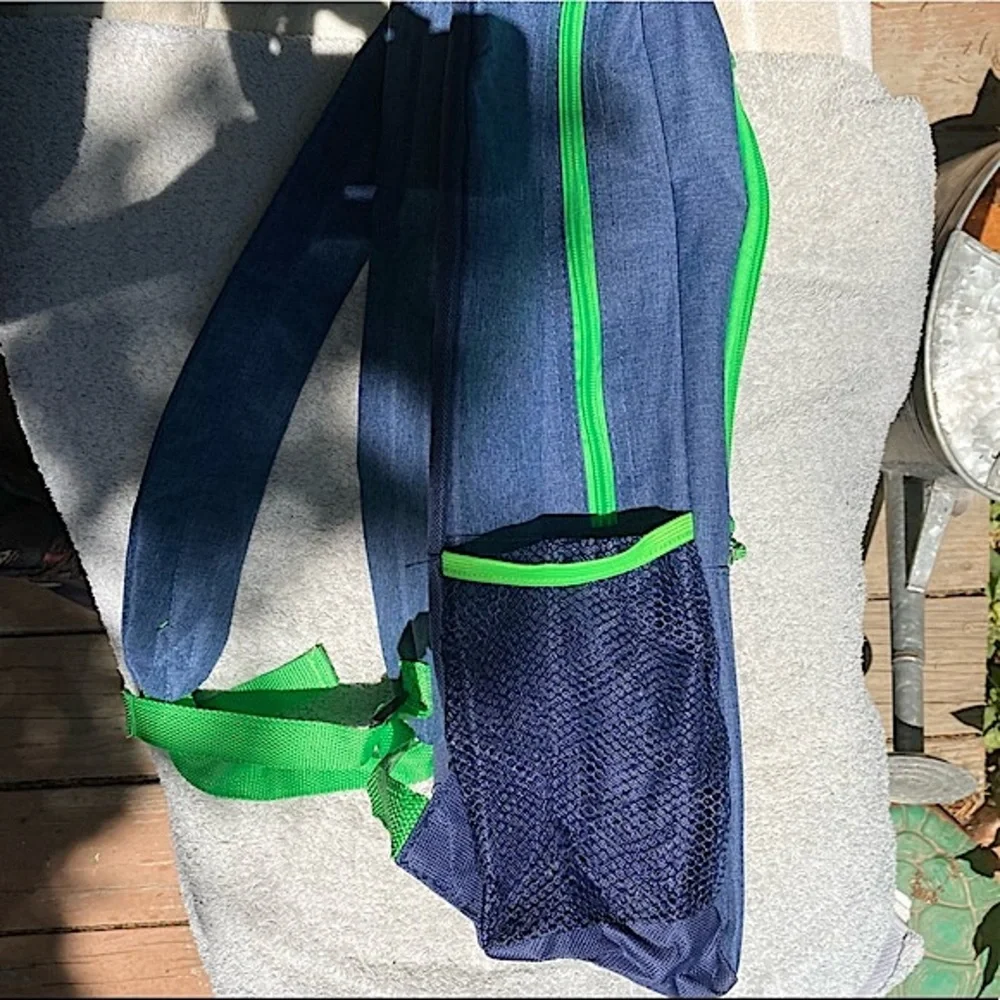 Navy Heather Backpack with Green Trim and Side Pockets New